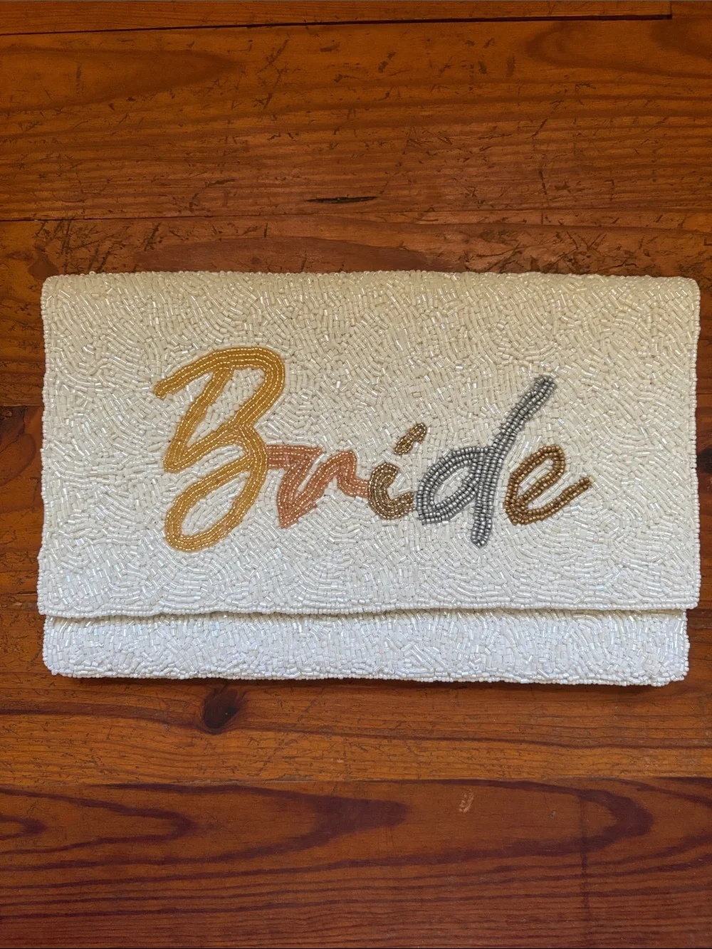 Beaded 'Bride' Clutch/Crossbody- White with Gold, Rose Gold & Silver Script